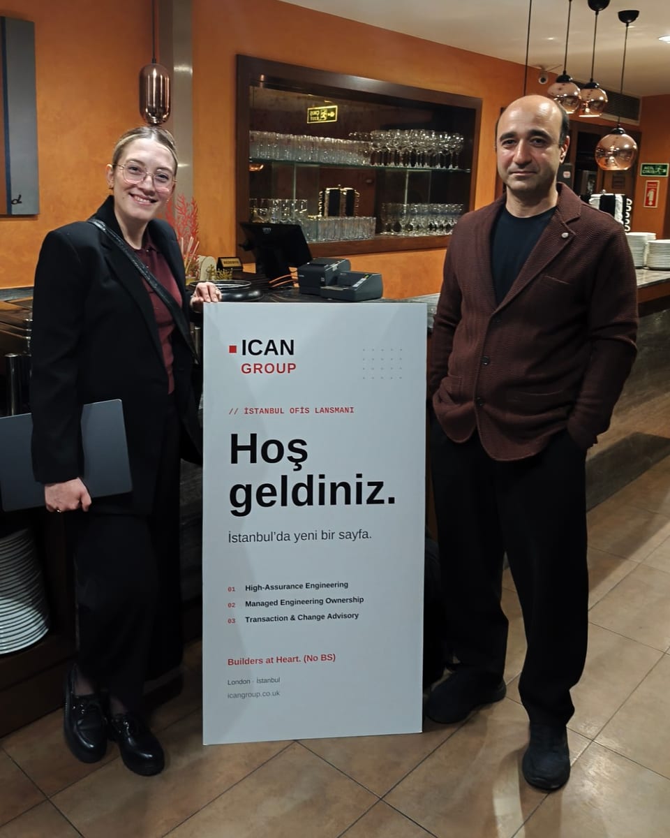 Two ICAN Group team members standing either side of a 'Hoş geldiniz' welcome board at the Istanbul office launch
